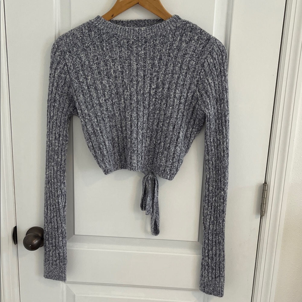 Cropped Ribbed Tie-Front Sweater - Heather Gray